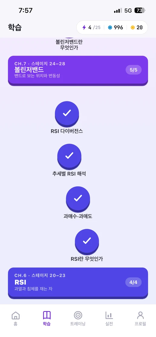 학습 탭 — 단계별 커리큘럼 화면